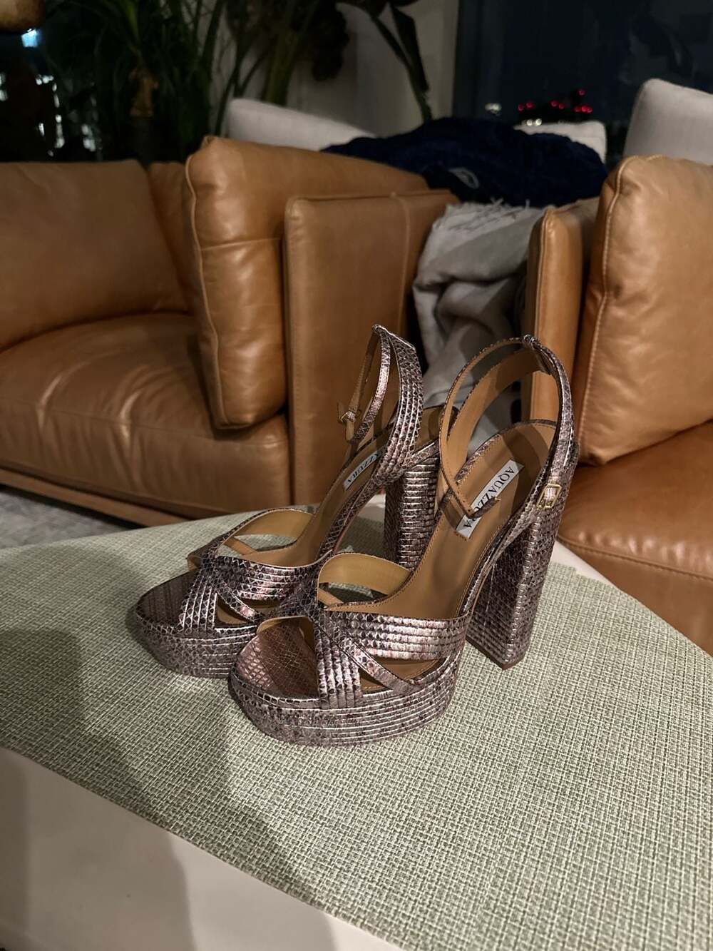 Aquazzura Sundance Plateau Metallic Snakeskin-Effect Platform Sandals Size 41